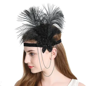 Vintage Feather Flapper Fascinator Tassel Chain Plastic Beads|JaosWish