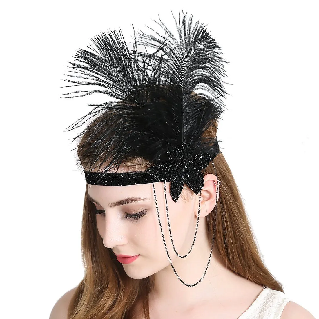 Vintage Feather Flapper Fascinator Tassel Chain Plastic Beads|JaosWish