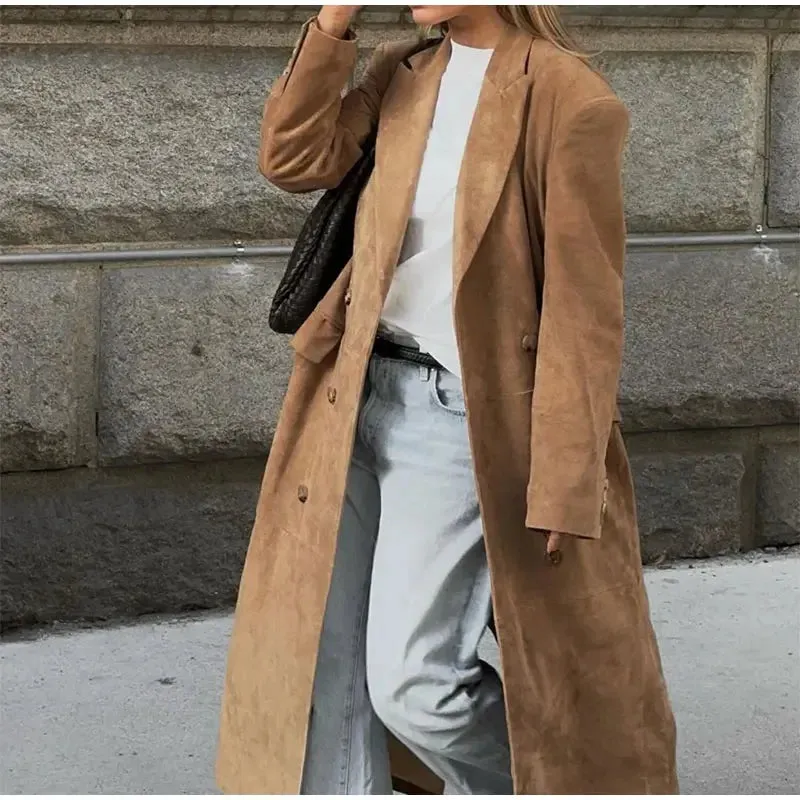 Vintage Long-Line Faux Suede Trench Coat - Women's Autumn and Winter Casual Elegant Buttoned Overcoat