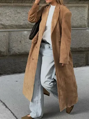 Vintage Long-Line Faux Suede Trench Coat - Women's Autumn and Winter Casual Elegant Buttoned Overcoat