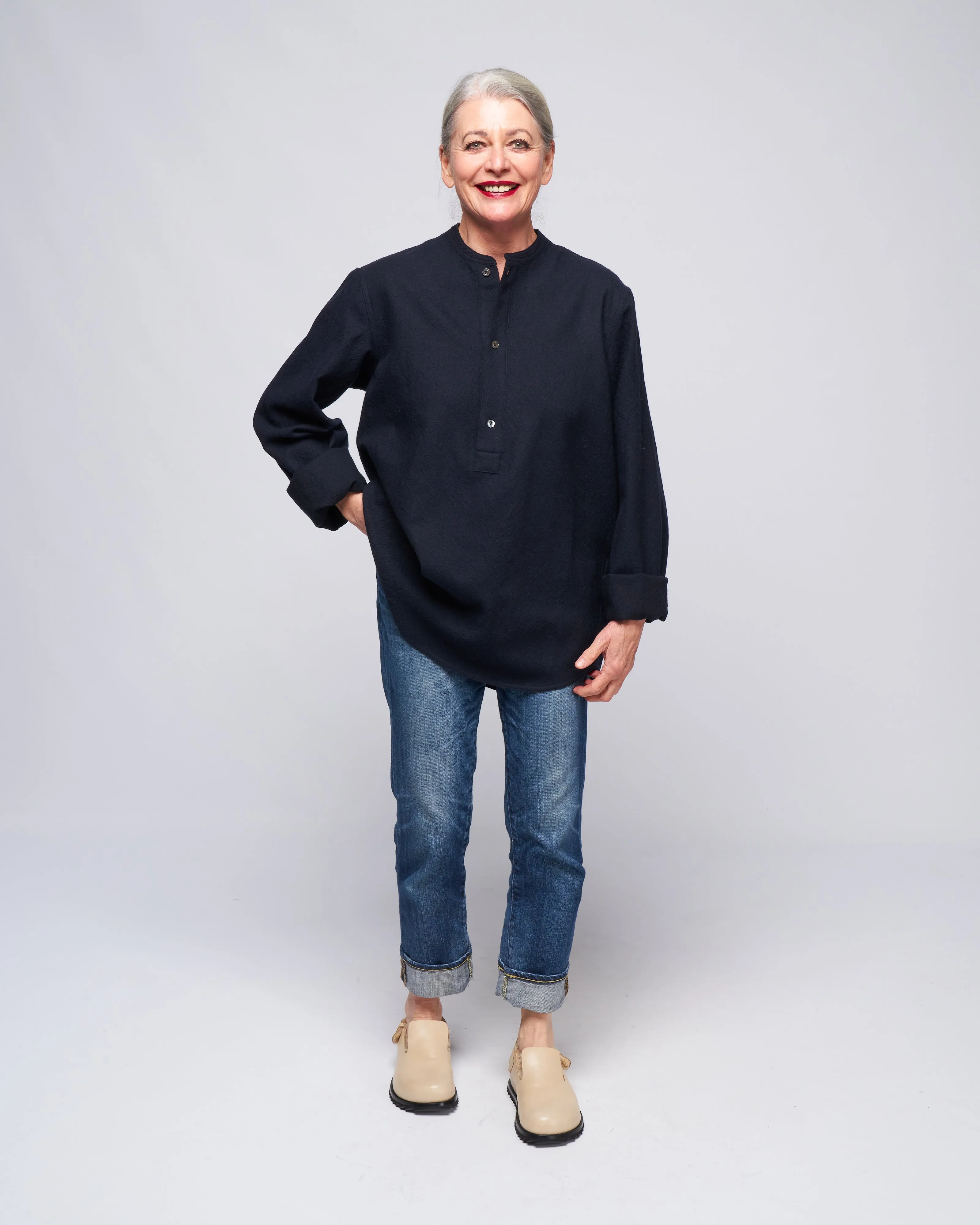 washed wool henley - woven dark navy