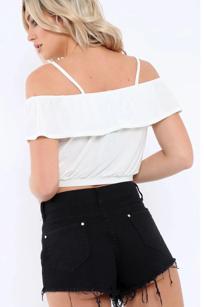 White Cold Shoulder Crop Top - Clora
