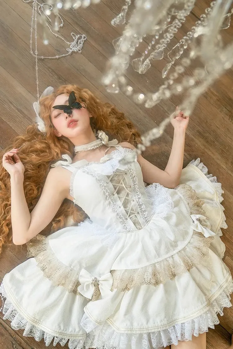 White Double-Layered Ruffle Lace Gothic Ballet Lolita Jsk Dress