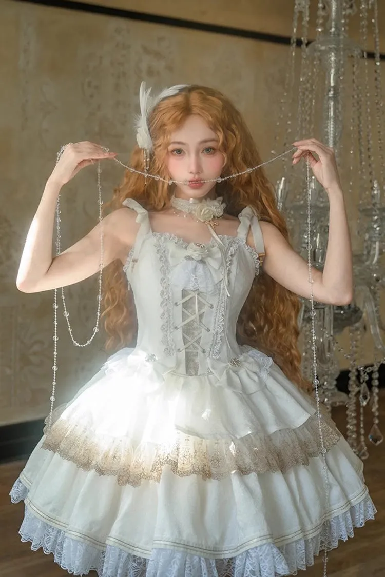White Double-Layered Ruffle Lace Gothic Ballet Lolita Jsk Dress