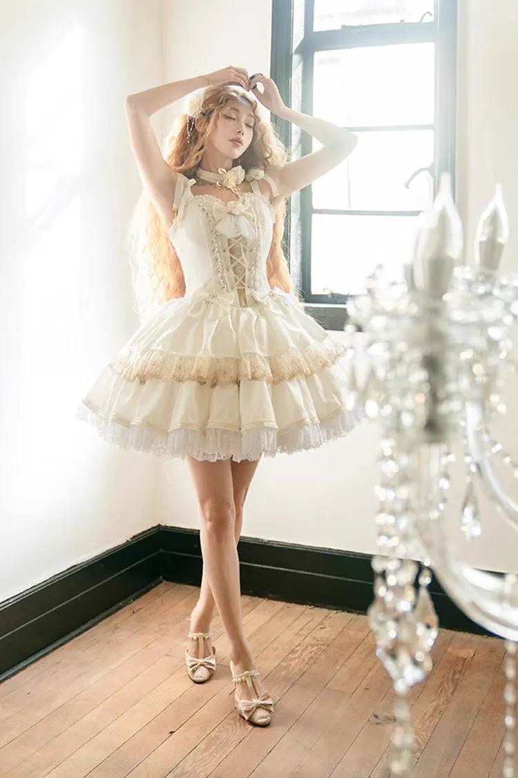 White Double-Layered Ruffle Lace Gothic Ballet Lolita Jsk Dress