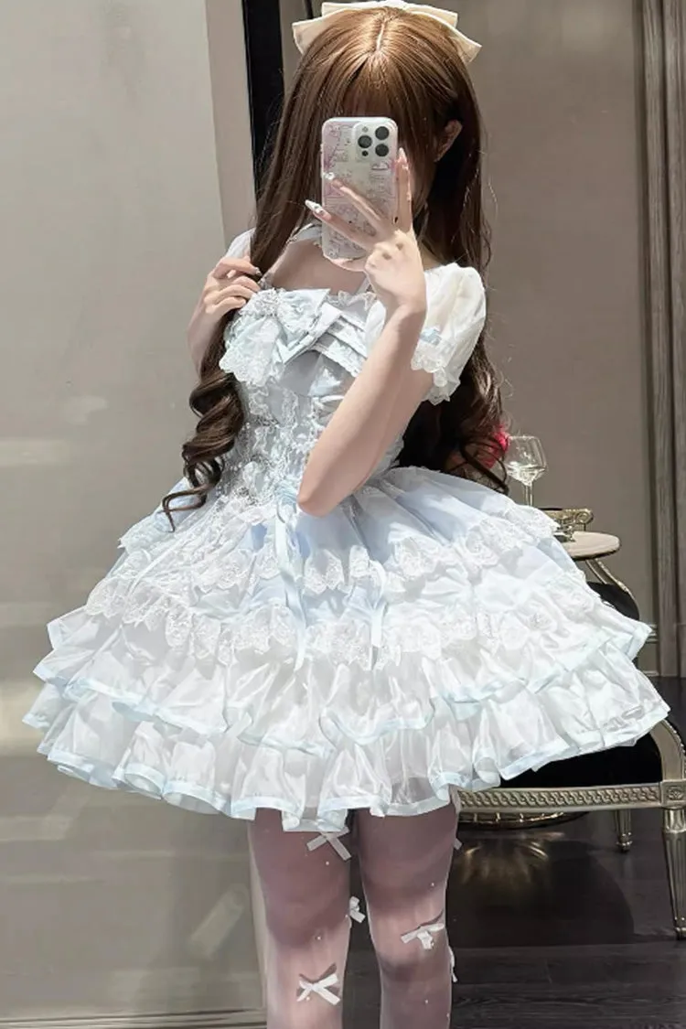 White/Blue [Ice Dance] Halterneck Multi-Layered Bowknot Lace Sweet Ballet Lolita Dress