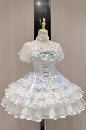 White/Blue [Ice Dance] Halterneck Multi-Layered Bowknot Lace Sweet Ballet Lolita Dress