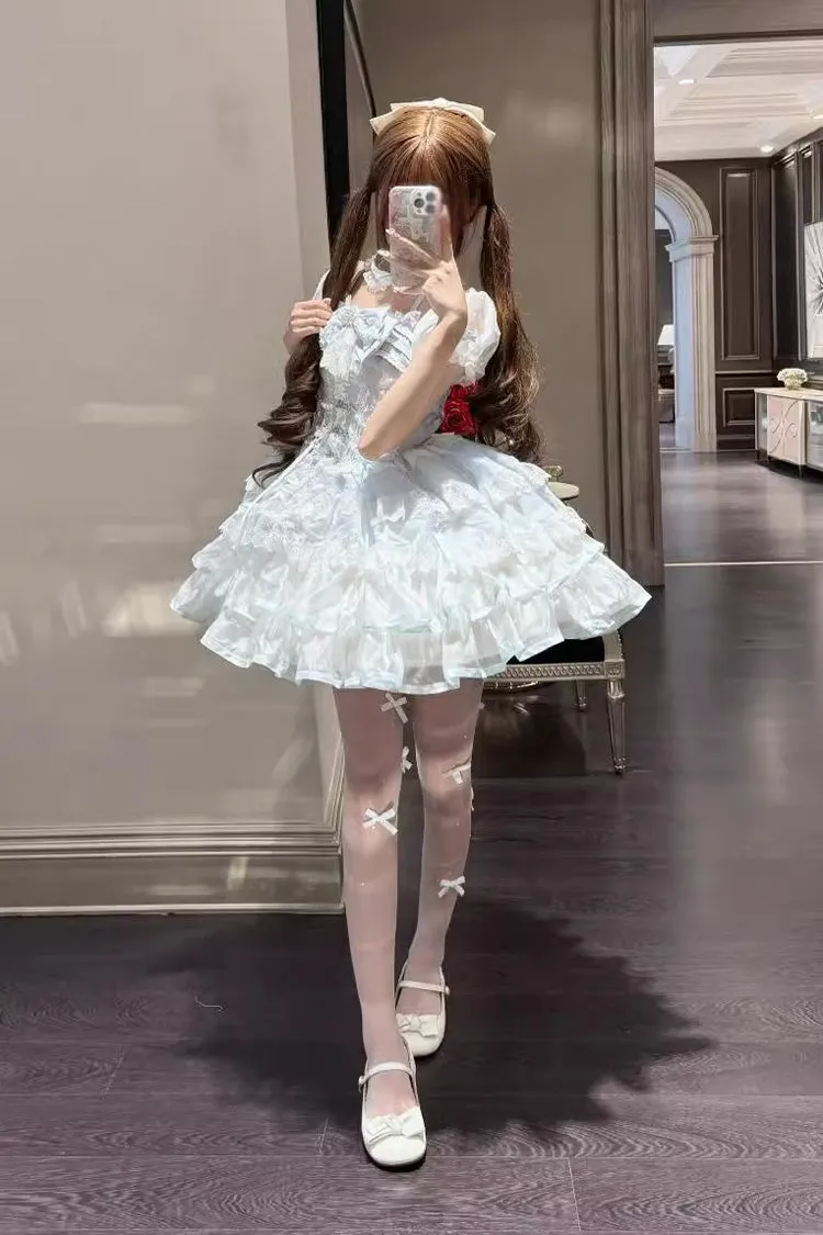 White/Blue [Ice Dance] Halterneck Multi-Layered Bowknot Lace Sweet Ballet Lolita Dress