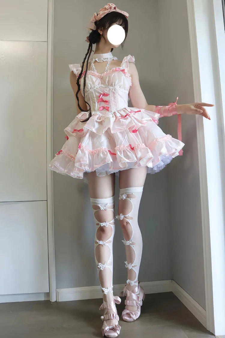 White/Pink Multi-layer Ruffle Ballet Bowknot Sweet Lolita Jsk Dress