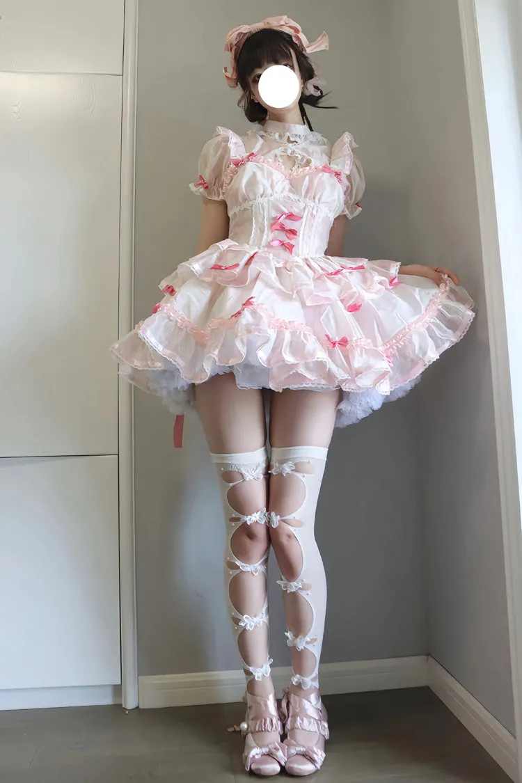 White/Pink Multi-layer Ruffle Ballet Bowknot Sweet Lolita Jsk Dress