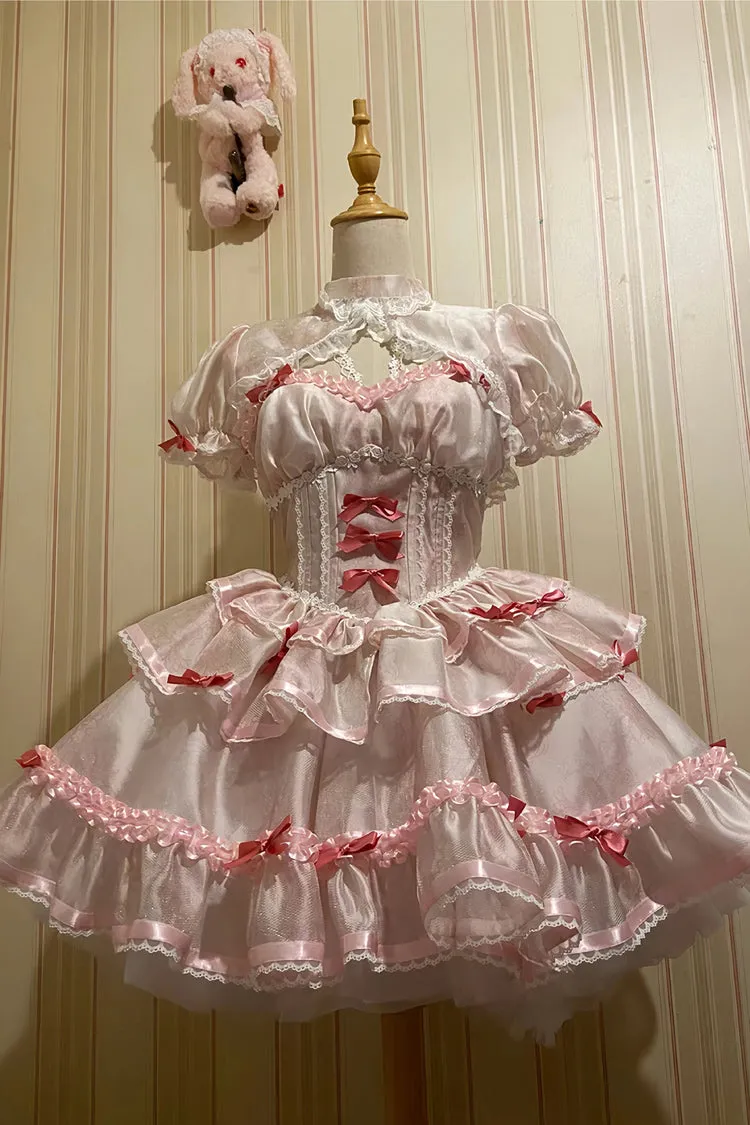 White/Pink Multi-layer Ruffle Ballet Bowknot Sweet Lolita Jsk Dress