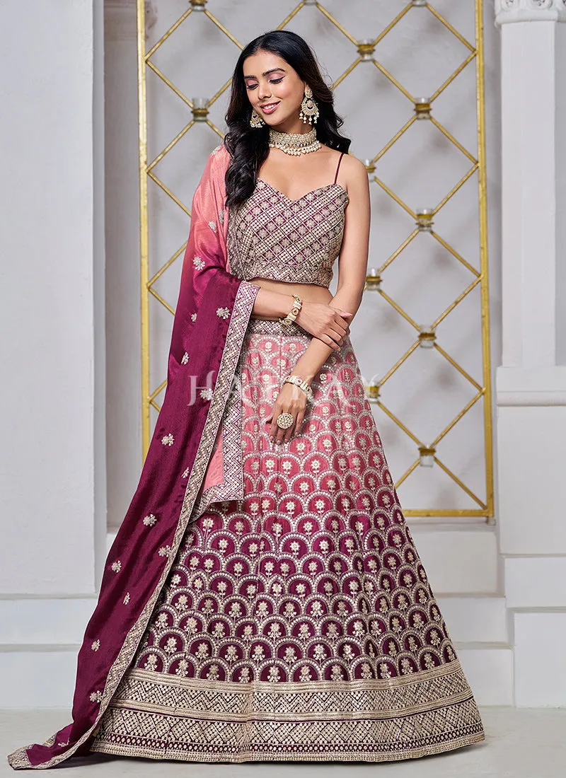 Wine Ombré Embroidered Wedding Lehenga Choli