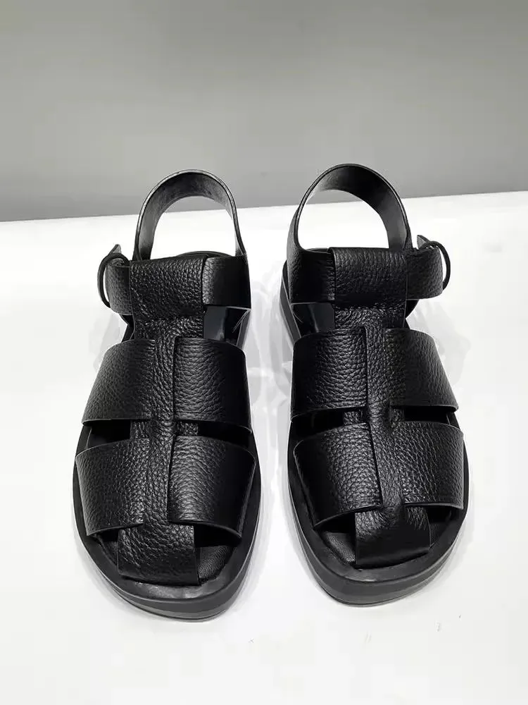 Women Cowhide Genuine Leather Sandals Buckle Strap Hollow Out Platform