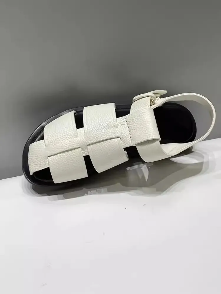 Women Cowhide Genuine Leather Sandals Buckle Strap Hollow Out Platform