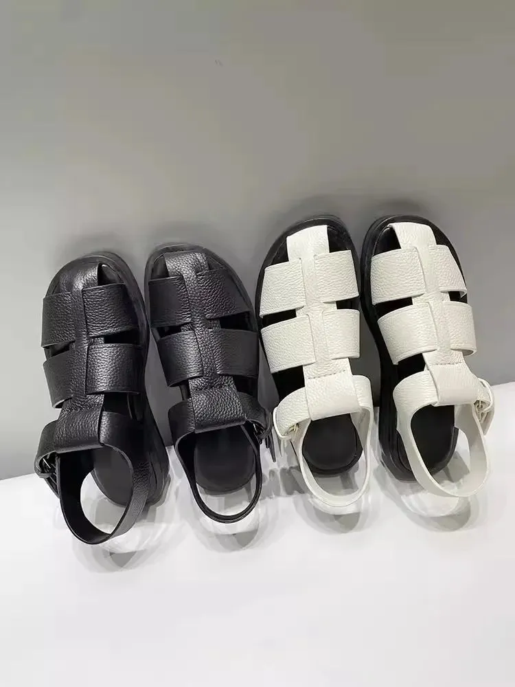 Women Cowhide Genuine Leather Sandals Buckle Strap Hollow Out Platform