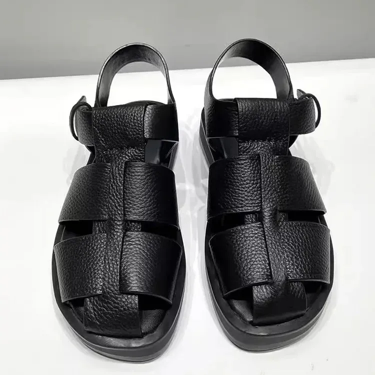 Women Cowhide Genuine Leather Sandals Buckle Strap Hollow Out Platform