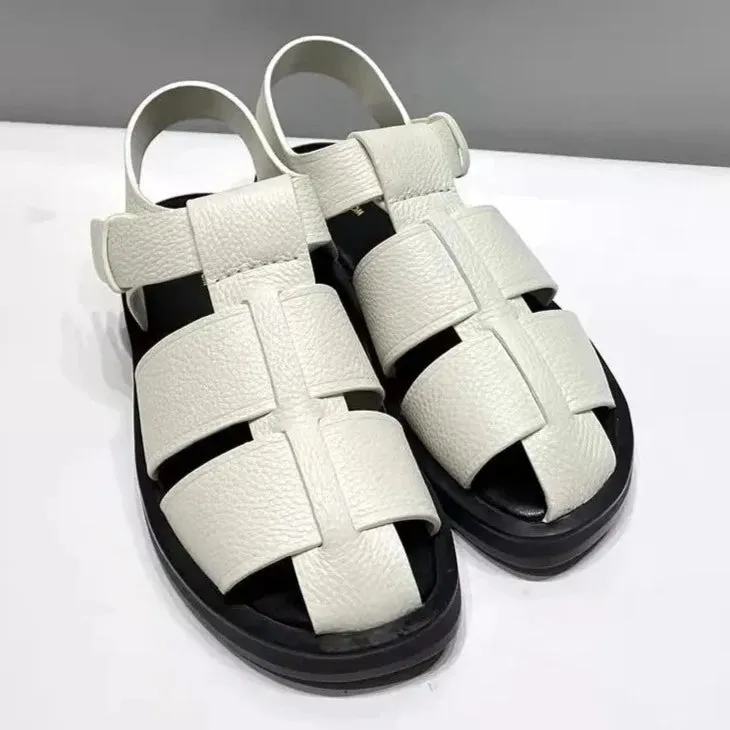 Women Cowhide Genuine Leather Sandals Buckle Strap Hollow Out Platform