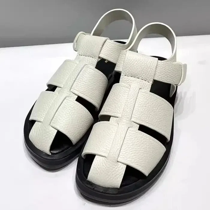 Women Cowhide Genuine Leather Sandals Buckle Strap Hollow Out Platform