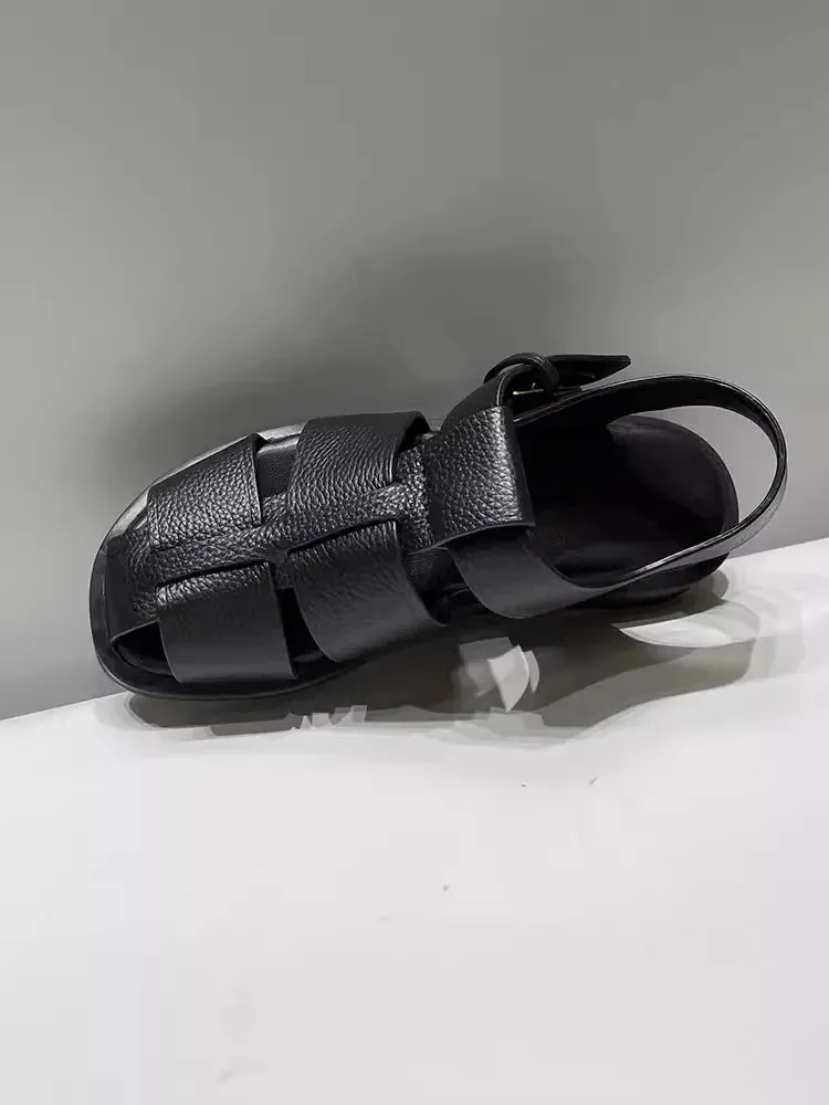 Women Cowhide Genuine Leather Sandals Buckle Strap Hollow Out Platform