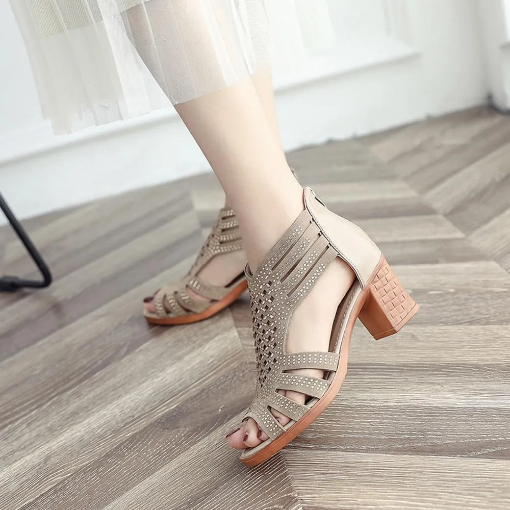 Women Fashion Crystal Hollow Out Peep Toe Wedges Sandals