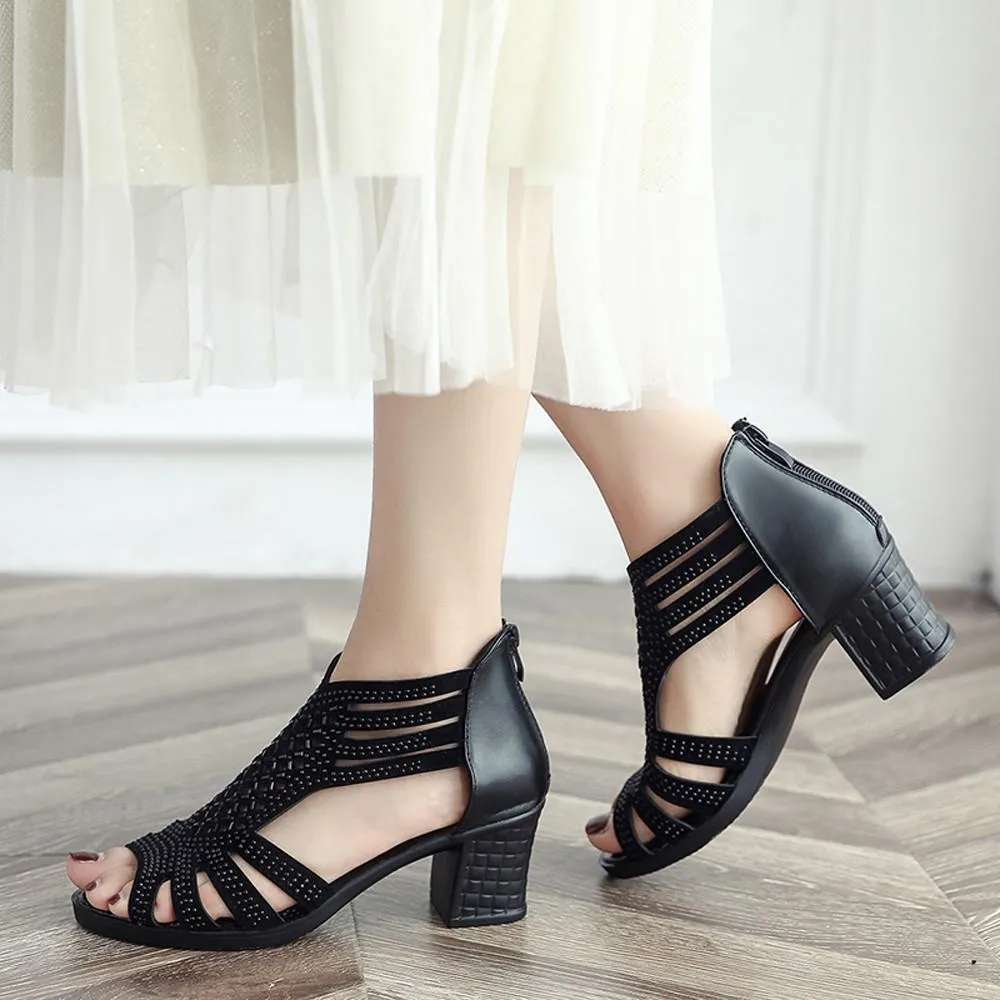 Women Fashion Crystal Hollow Out Peep Toe Wedges Sandals