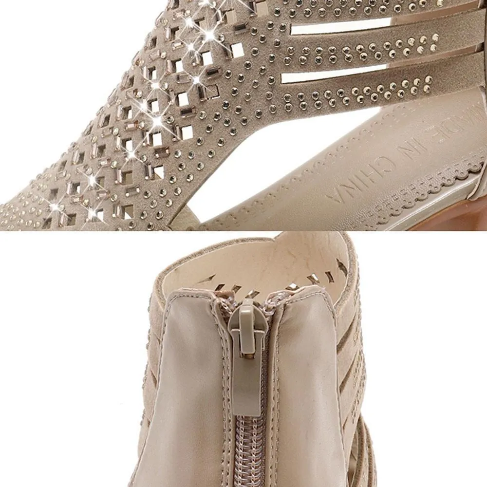 Women Fashion Crystal Hollow Out Peep Toe Wedges Sandals
