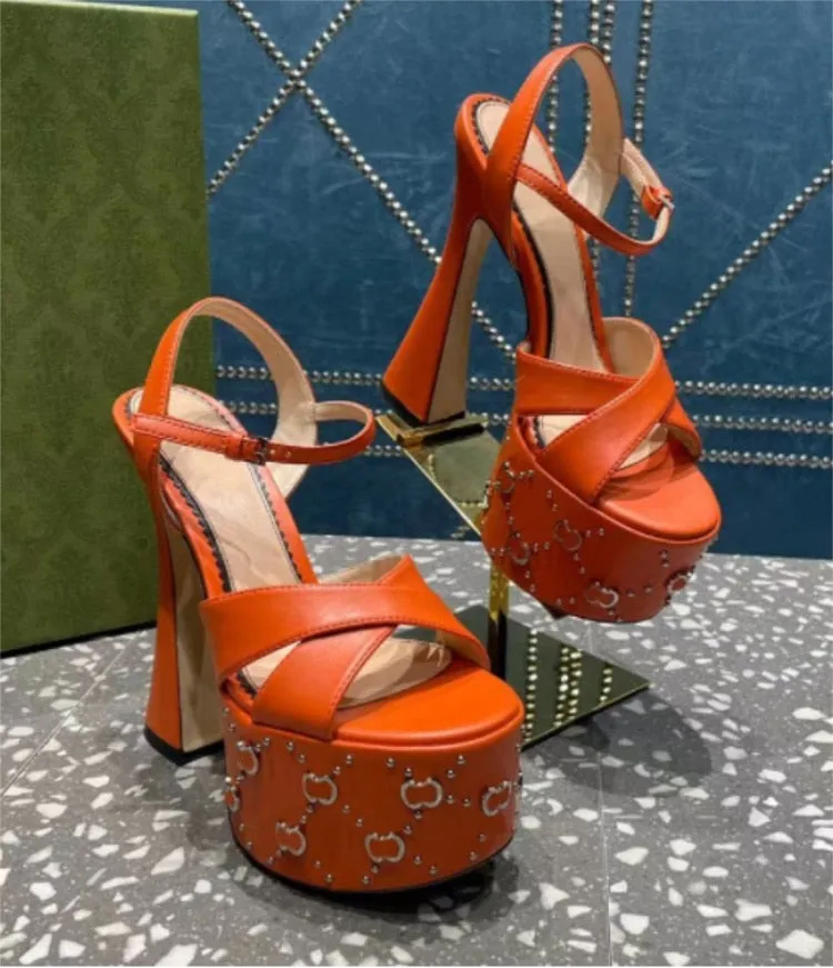 Women&#39;s New Round Head Open Toe Cross Strap Hollow Back Strap Buckle Ultra High Thick Heel Fashion Rivet Sandals