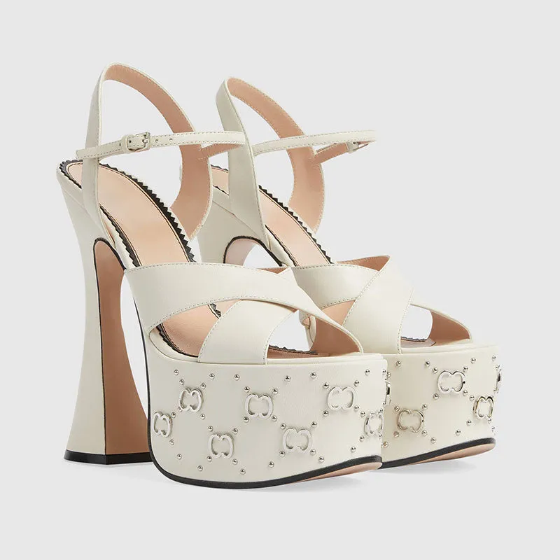 Women&#39;s New Round Head Open Toe Cross Strap Hollow Back Strap Buckle Ultra High Thick Heel Fashion Rivet Sandals