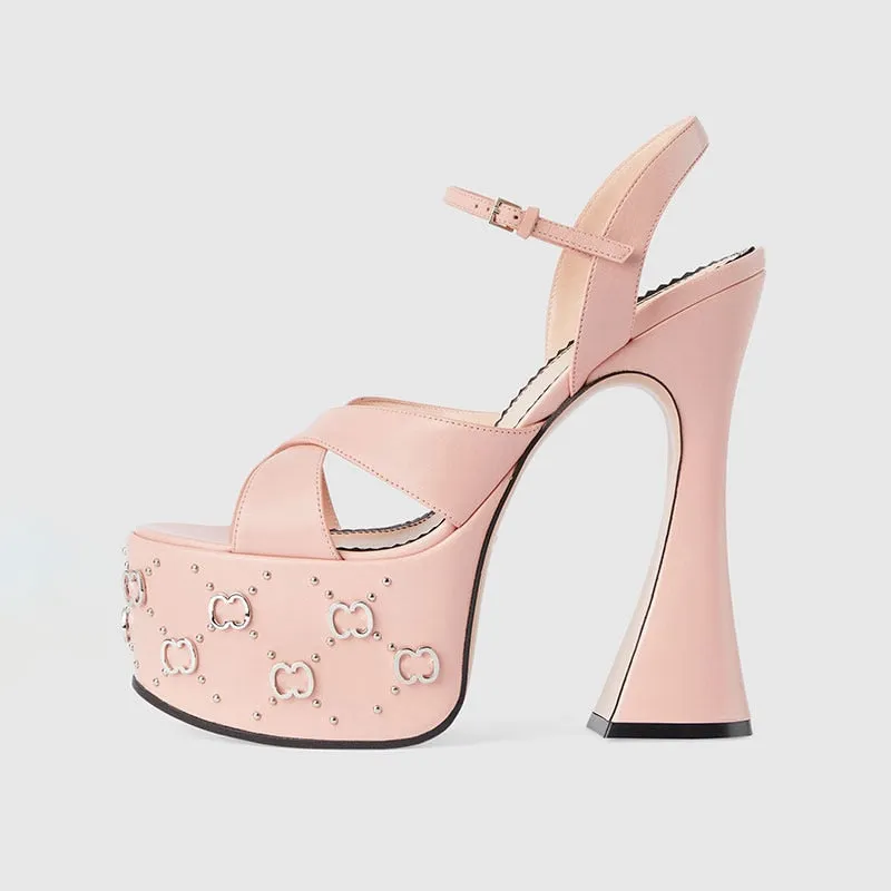 Women&#39;s New Round Head Open Toe Cross Strap Hollow Back Strap Buckle Ultra High Thick Heel Fashion Rivet Sandals