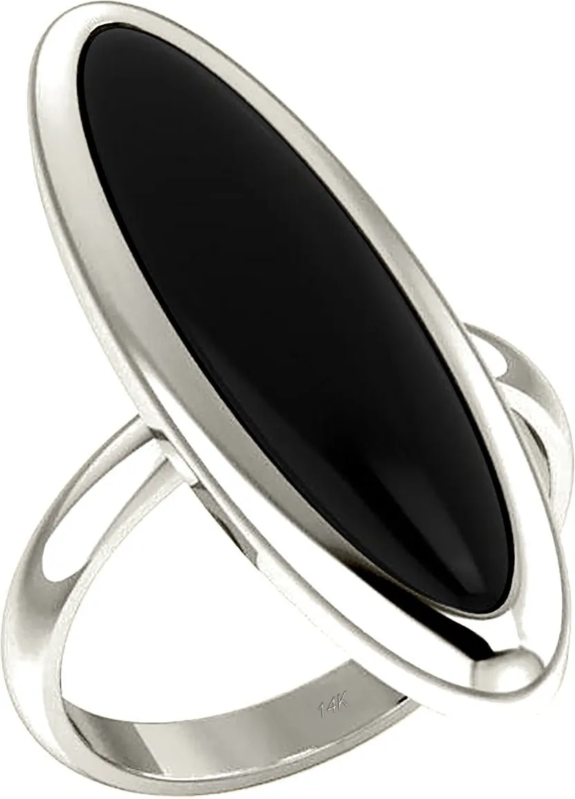 Women's 14k Yellow or White Gold Modern Long Oval Inlaid Black Onyx Ring