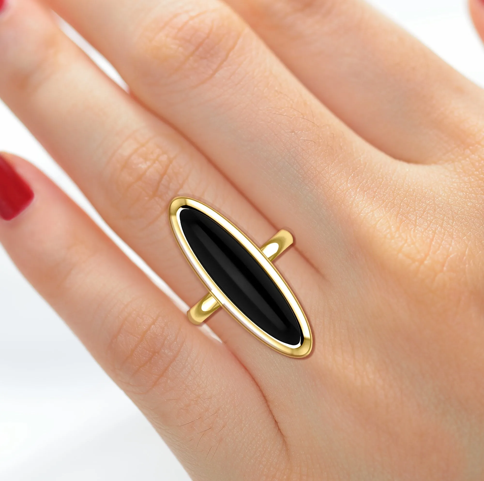 Women's 14k Yellow or White Gold Modern Long Oval Inlaid Black Onyx Ring