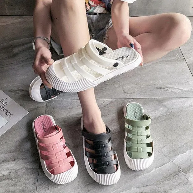 Women's Baotou Sandals Roman Non-slip Soft Sole Beach Sandals and Slippers Summer Two Ways To Wear Hole Shoes Slip-on Slippers Ladies Sandals