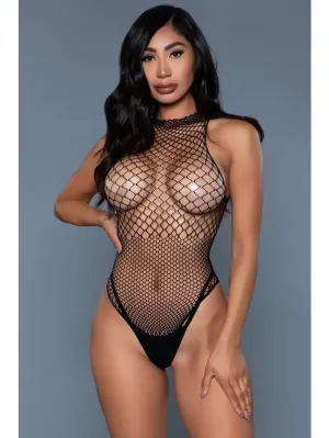 Women's Fishnet Halter Neck Black Bodysuit (Thong NOT Included)