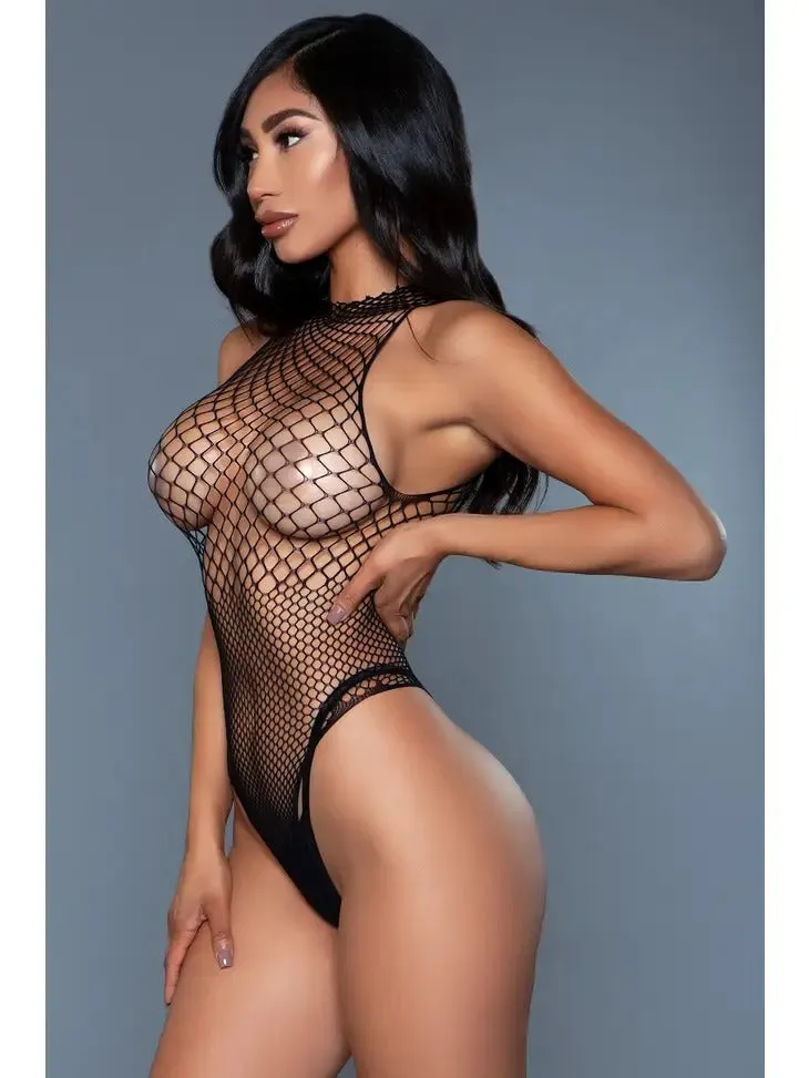 Women's Fishnet Halter Neck Black Bodysuit (Thong NOT Included)
