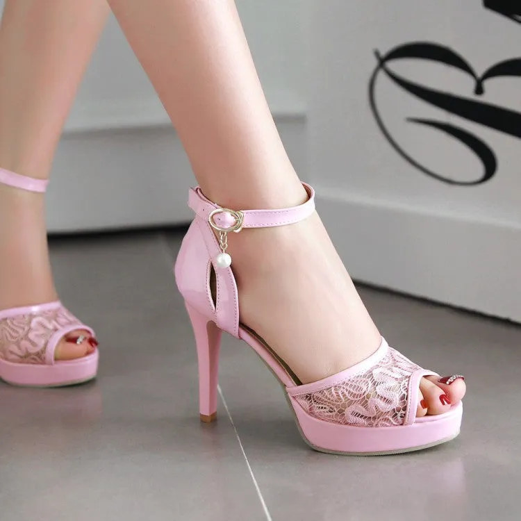 Women's Mesh Rhinestone Pearls Stiletto High Heel Platform Sandals