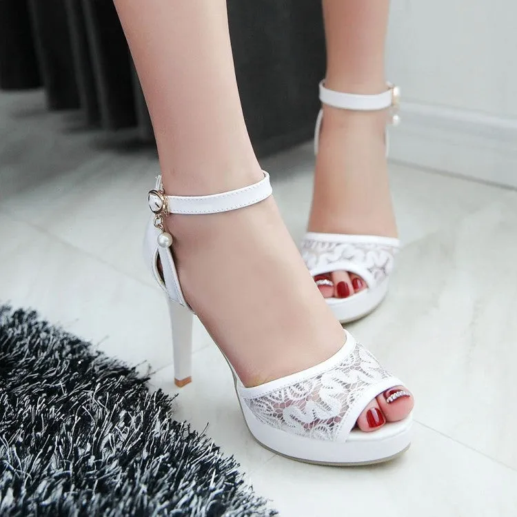 Women's Mesh Rhinestone Pearls Stiletto High Heel Platform Sandals