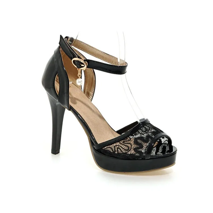 Women's Mesh Rhinestone Pearls Stiletto High Heel Platform Sandals