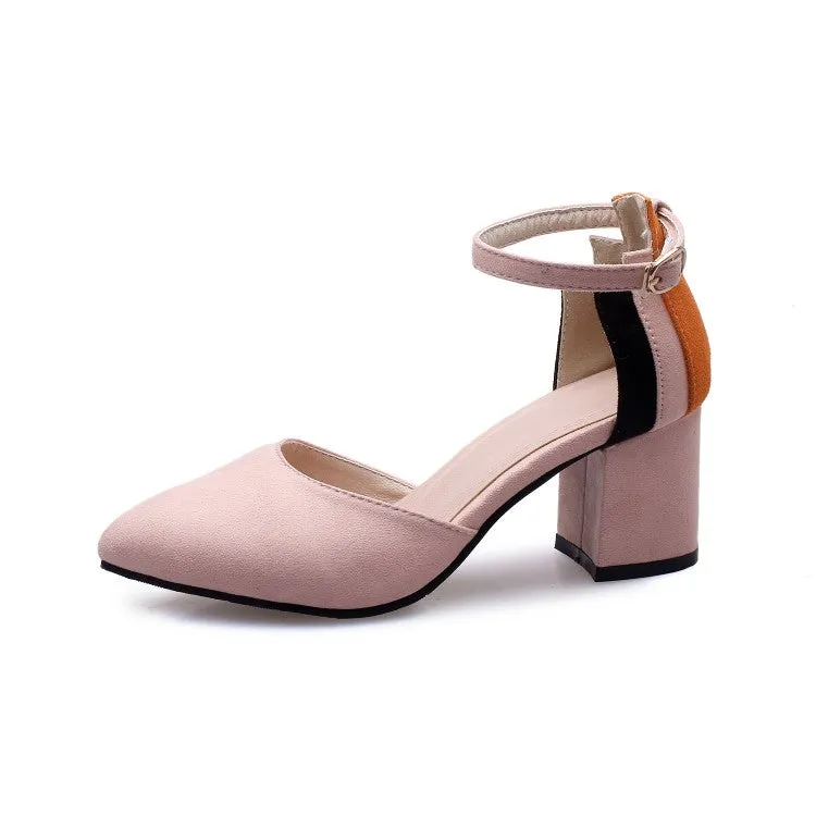 Women's Pointed Toe Hollow Out Color Block Ankle Strap Block Heel Sandals