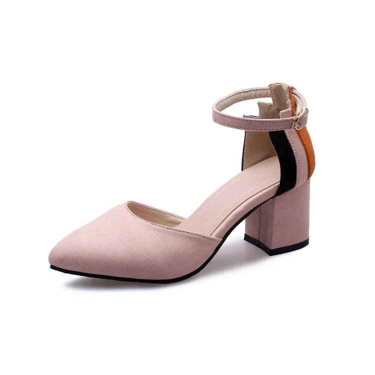 Women's Pointed Toe Hollow Out Color Block Ankle Strap Block Heel Sandals