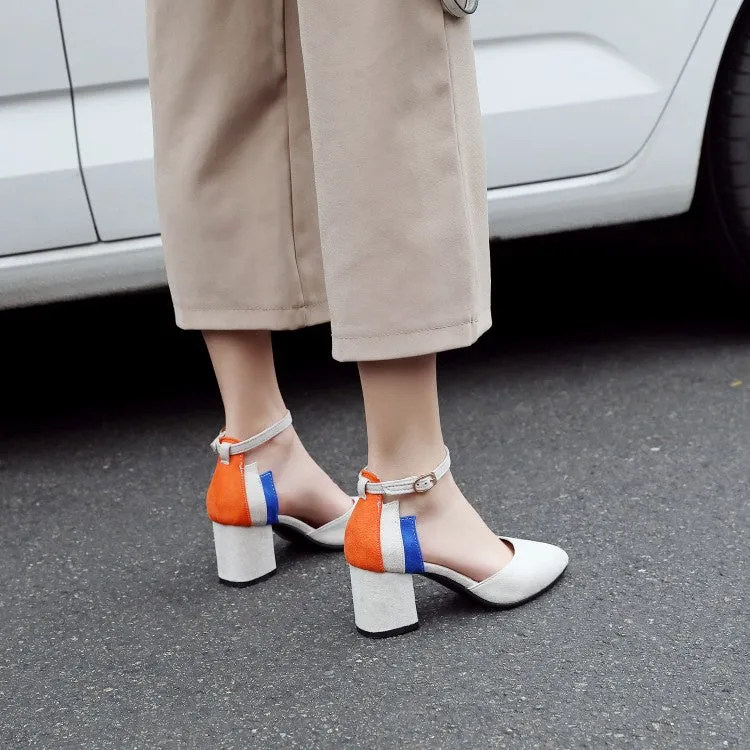Women's Pointed Toe Hollow Out Color Block Ankle Strap Block Heel Sandals