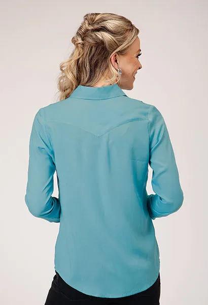 Women's Roper Apparel Turquoise Snap Western Blouse with Black Floral Embroidery