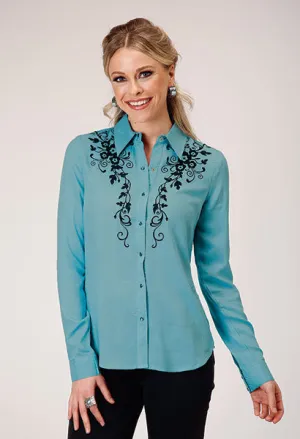 Women's Roper Apparel Turquoise Snap Western Blouse with Black Floral Embroidery