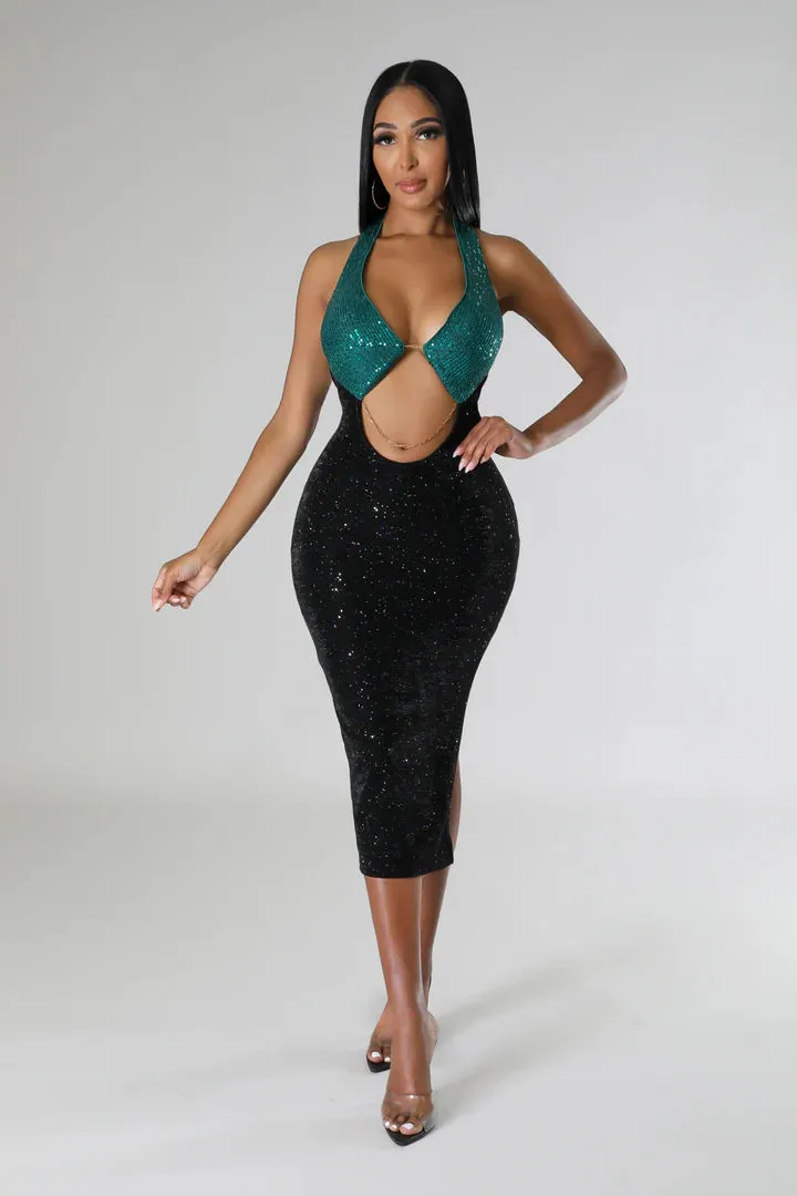 Women's Sequin Chain Detail Black/Green Midi Dress