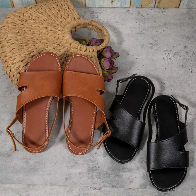 Women's Side Hollow Out Metal Buckle Summer Leather Sandals