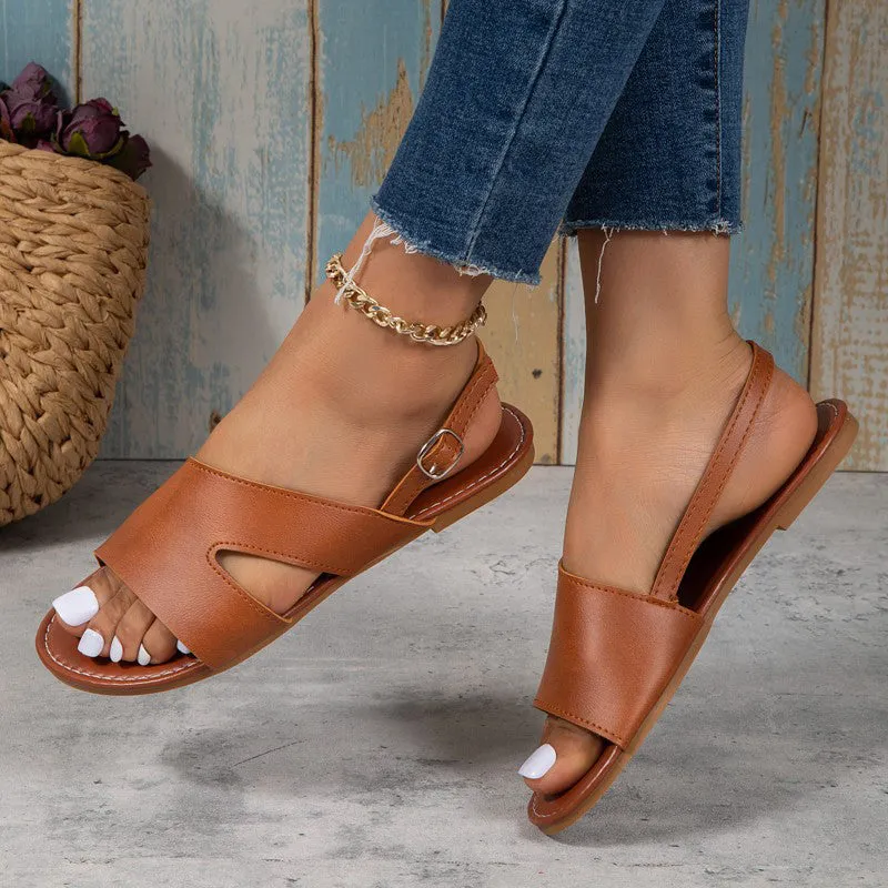 Women's Side Hollow Out Metal Buckle Summer Leather Sandals