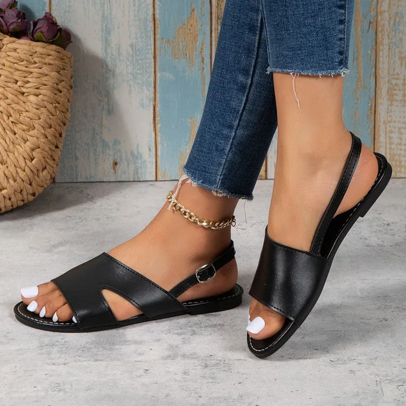 Women's Side Hollow Out Metal Buckle Summer Leather Sandals