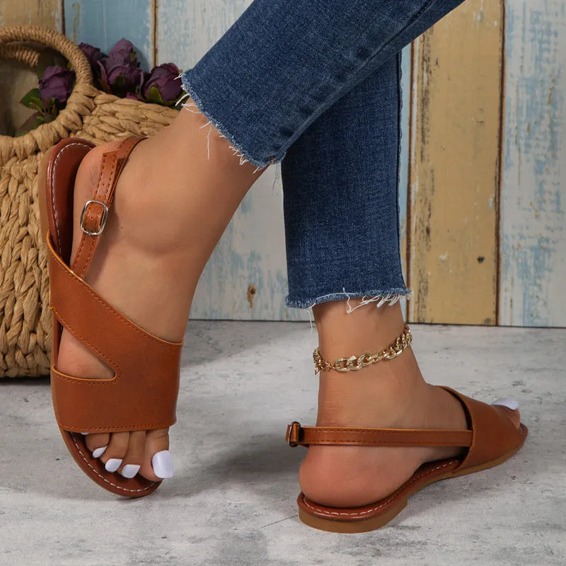 Women's Side Hollow Out Metal Buckle Summer Leather Sandals