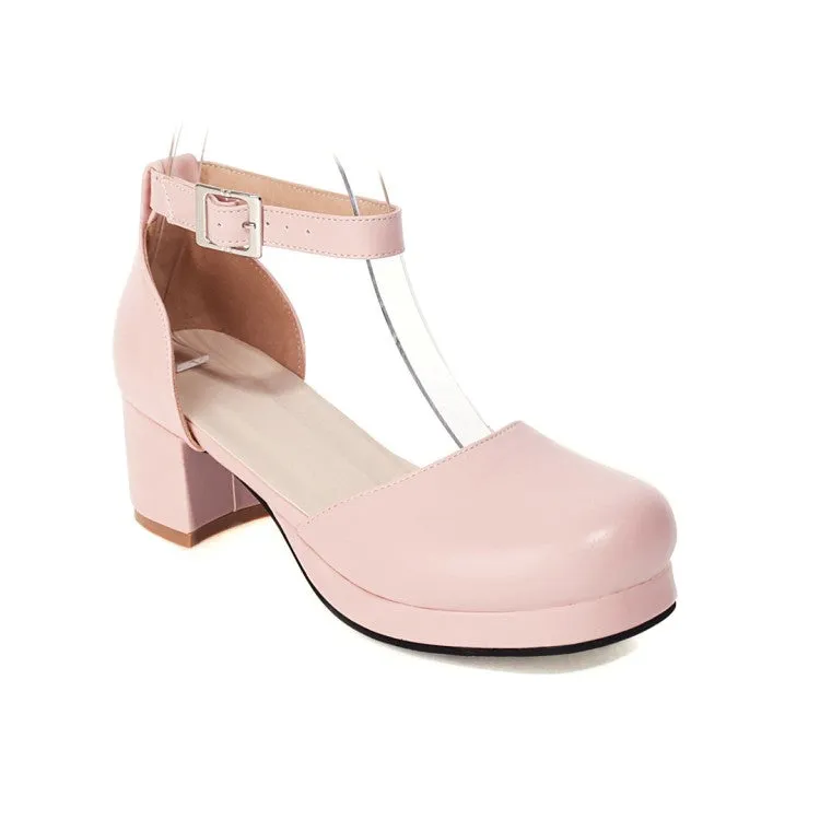 Women's Solid Color Round Toe Hollow Out Ankle Strap Low Block Heels Sandals
