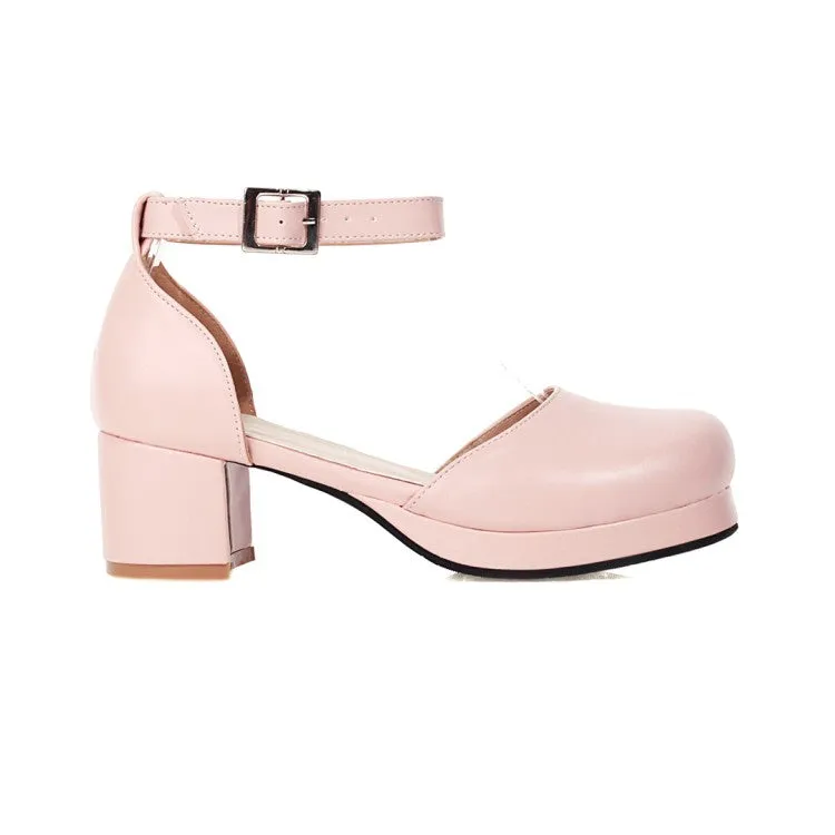Women's Solid Color Round Toe Hollow Out Ankle Strap Low Block Heels Sandals