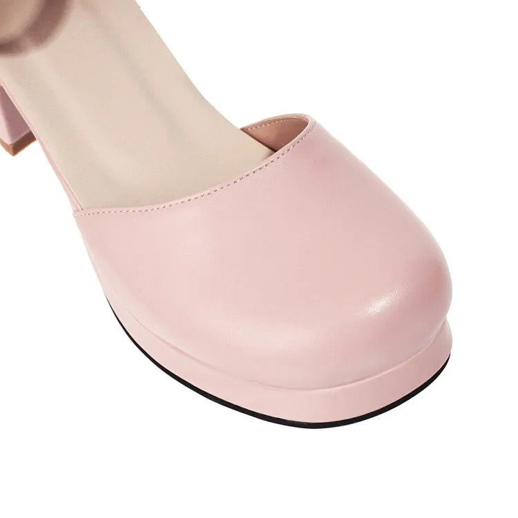 Women's Solid Color Round Toe Hollow Out Ankle Strap Low Block Heels Sandals